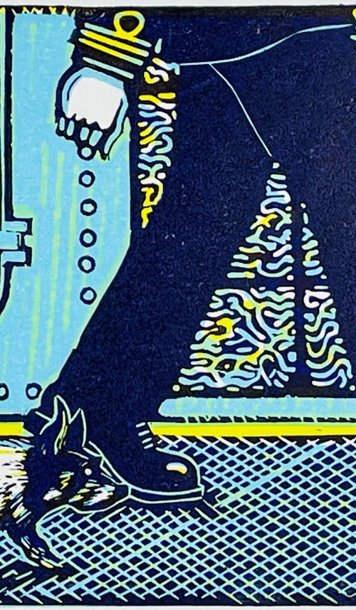 Quick March - Blue linocut by Mark Howard Jones