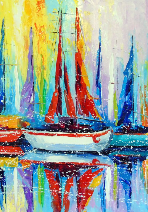 Sailboats by the pier by Olha Darchuk