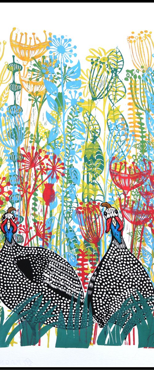 Guineahens in the wildflowers by Mariann Johansen-Ellis
