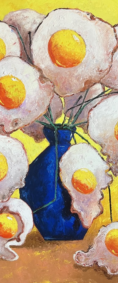 Egg Flowers in blue vase by Ta Byrne
